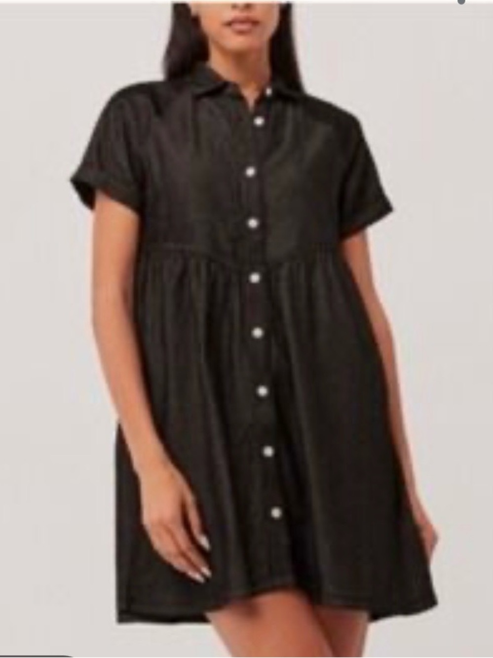 Pact Black Chambray Denim Button-Front Organic Cotton Baby Doll Mini Dress Sz M